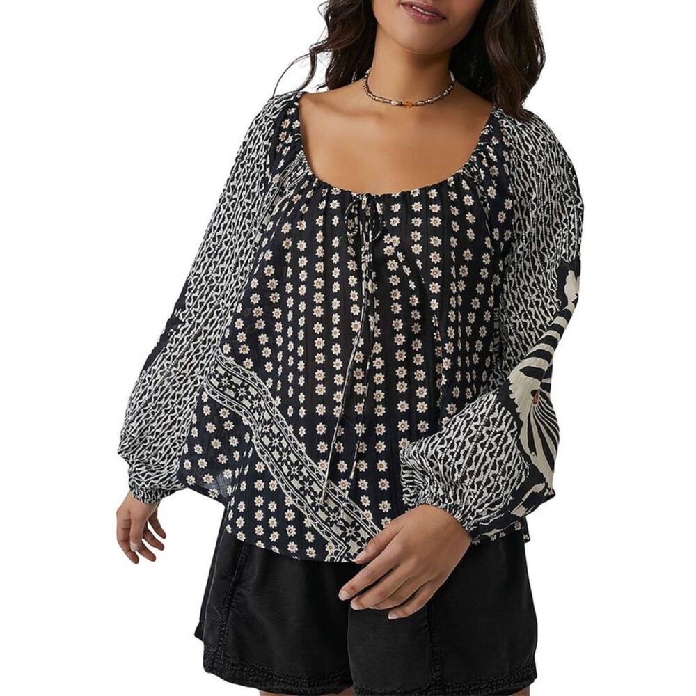 Free People Womens Elena Black Cotton Boho Top Blouse Shirt NWT